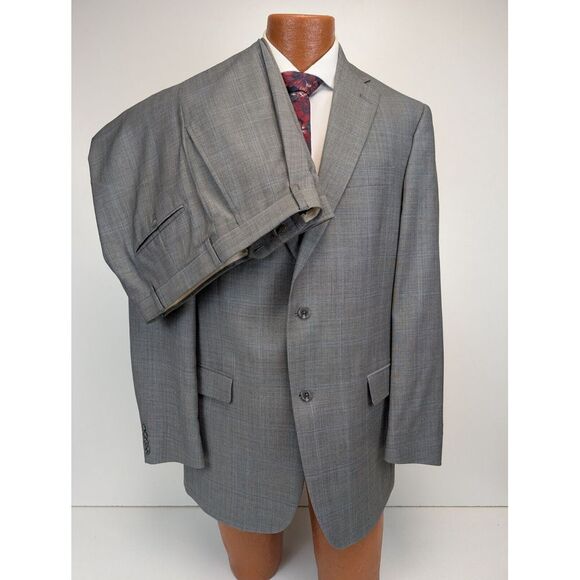 Hart Scaffner Marx 2pc Suit Mens 42L Gray Plaid Wool Gold Trumpeter Pants 36x30